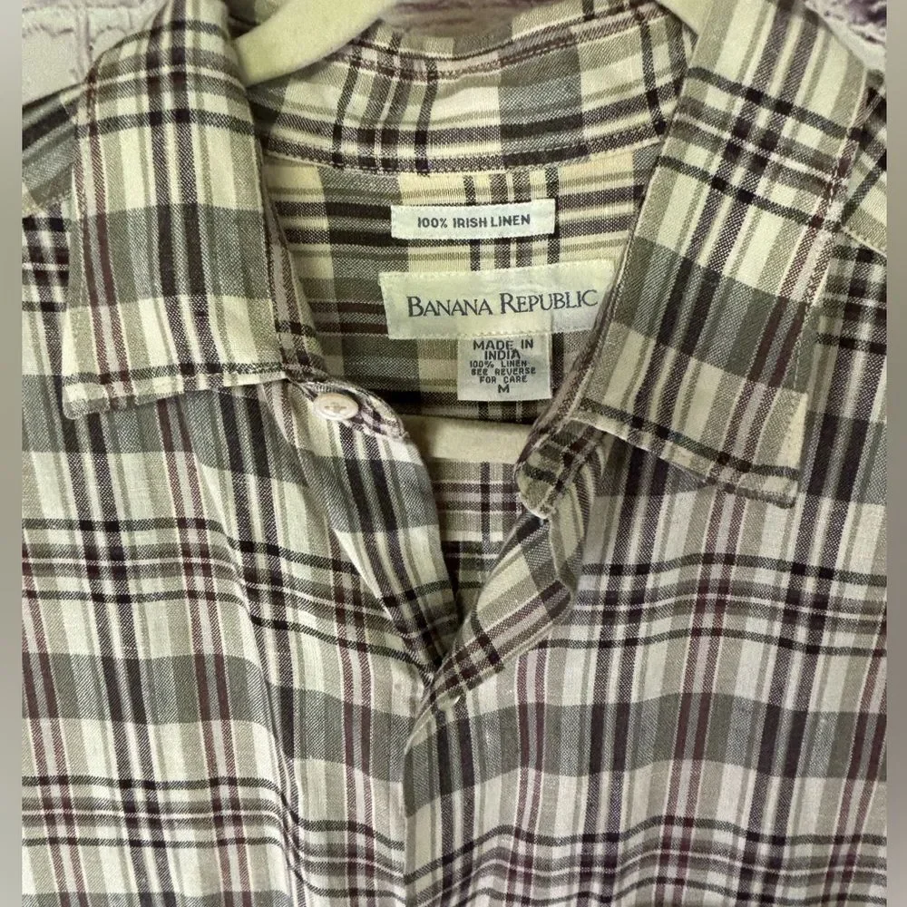 Banana Republic Cream Tan Burgundy Plaid Classic 100% Irish Linen Button Up M